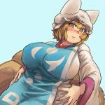  1girl alternate_eye_color blue_background blush breasts brown_eyes chanta_(ayatakaoisii) cowboy_shot dress fat fox_tail hair_between_eyes hand_on_own_stomach hat huge_breasts large_breasts long_sleeves looking_at_viewer multiple_tails perspective pillow_hat plump short_hair side_glance simple_background solo tabard tail touhou white_dress wide_sleeves yakumo_ran 