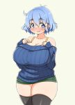  1girl bare_shoulders black_legwear blue_eyes blue_hair blush borrowed_character breasts cleavage eyebrows eyebrows_visible_through_hair huge_breasts off-shoulder_sweater original pas_(paxiti) plump ribbed_sweater saku_hinoko short_hair short_shorts shorts smile solo sweater thick_thighs thigh-highs thighs 