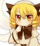  1girl blonde_hair drill_hair fairy fairy_wings hair_between_eyes hand_to_own_mouth long_sleeves looking_at_viewer luna_child puffy_long_sleeves puffy_sleeves ruhika simple_background solo touhou wings yellow_eyes 