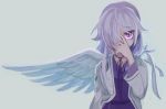  1girl dress hair_over_one_eye hand_on_own_face jacket kishin_sagume long_sleeves looking_at_viewer sakamoto_(pompa) short_hair silver_hair simple_background single_wing solo touhou upper_body violet_eyes wings 