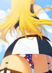  1girl american_flag_panties ass back belt blonde_hair blue_sky cowboy_shot crotch_seam flag_print from_behind from_below garter_straps gloves horizontal_stripes iowa_(kantai_collection) kantai_collection long_hair miniskirt panties pantyshot pantyshot_(standing) skirt sky sleeveless solo standing star_print striped sweat tear_tear0320 underwear upskirt vertical_stripes 