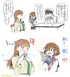  !!? admiral_(kantai_collection) bangs black_hair blush brown_eyes brown_hair chair commentary_request desk elbows_on_table fingers_together fish hair_between_eyes hair_ornament hairclip hand_to_own_mouth hands_together hat holding_food ikazuchi_(kantai_collection) kantai_collection long_hair military military_hat military_uniform moving neckerchief nyoriko ooi_(kantai_collection) peaked_cap school_uniform serafuku sleeves_past_wrists translation_request uniform 