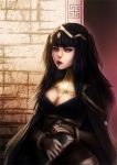  1girl bangs black_hair blunt_bangs book bracelet breasts bridal_gauntlets cape cleavage fire_emblem fire_emblem:_kakusei jessica_louvier jewelry lips long_hair nose solo tharja tiara two_side_up violet_eyes 