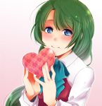  1girl artist_request blue_eyes blush bow bowtie green_hair heart-shaped_box kantai_collection long_hair looking_at_viewer mole mole_under_mouth smile yuugumo_(kantai_collection) 
