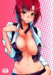  1girl amari_yuki bow bowtie breasts cleavage green_eyes hand_on_hip hand_on_own_chest large_breasts looking_at_viewer midriff navel open_clothes open_shirt redhead rio_rollins shirt smile solo super_blackjack 