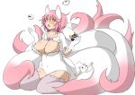  1girl :3 animal_ears bow breasts choker cleavage dress fox_ears fox_tail gloves goddess_madoka hair_bow kaname_madoka kyubey large_breasts long_hair mahou_shoujo_madoka_magica multiple_tails oman_(evld) open_mouth pink_hair pink_legwear red_eyes solo tail two_side_up white_dress white_gloves yellow_eyes 