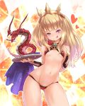  1girl :q bare_shoulders blonde_hair cagliostro_(granblue_fantasy) crown dragon granblue_fantasy heart highres long_hair navel solo tongue tongue_out tsukigami_chronica violet_eyes 