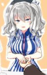  1girl beret blue_eyes blush breasts employee_uniform engiyoshi hat holding_hands kantai_collection kashima_(kantai_collection) large_breasts lawson long_hair looking_at_viewer open_mouth pov shirt sidelocks silver_hair smile solo_focus striped tsurime twintails uniform wavy_hair 