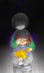  androgynous brown_hair chara_(undertale) closed_eyes flower frisk_(undertale) gradient gradient_background heart hidden_eyes highres holding holding_flower open_mouth pacifique partially_colored smile spoilers tagme undertale watermark web_address 