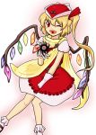  alternate_costume blonde_hair blush_stickers crystal fang flandre_scarlet hat hat_ribbon heart heart_in_mouth isutasshu@bangohan looking_at_viewer one_eye_closed puffy_short_sleeves puffy_sleeves red_eyes ribbon short_sleeves side_ponytail skirt skirt_set touhou wings 