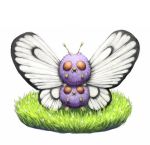  antennae butterfly_wings butterfree_(cosplay) commentary_request fangs flower fur grass hisakichi looking_at_viewer no_humans on_head pokemon pokemon_(creature) red_eyes standing teeth venonat white_background wings 