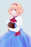  1girl alice_margatroid blonde_hair blue_dress blue_eyes book book_hug capelet dress frills hairband highres holding holding_book shiguri simple_background solo touhou 