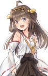  1girl ahoge brown_hair detached_sleeves double_bun grey_eyes hairband headgear highres i.f.s.f kantai_collection kongou_(kantai_collection) long_hair looking_at_viewer open_mouth ribbon-trimmed_sleeves ribbon_trim sketch skirt smile solo twitter_username upper_body 