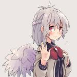  1girl blush bow bowtie braid dress flying_sweatdrops grey_background highres jacket kishin_sagume long_sleeves looking_at_viewer red_eyes short_hair silver_hair simple_background single_wing smile solo touhou upper_body waira wings 