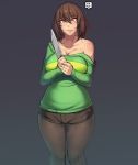  1girl :p breasts brown_hair chara_(undertale) cleavage knife large_breasts long_hair looking_at_viewer metal_owl_(aden12) pantyhose red_eyes saliva short_shorts shorts solo sweater thighs tongue tongue_out undertale wide_hips 