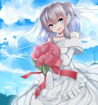  1girl alternate_costume bare_shoulders blue_eyes blue_sky blush bouquet breasts bridal_veil bride clouds cloudy_sky collar dress elbow_gloves flower gloves highres jewelry kantai_collection kashima_(kantai_collection) large_breasts nebu_soku open_mouth sidelocks silver_hair sky solo tears tsurime twintails veil wavy_hair wedding_dress white_dress 