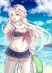 1girl ascot beach belly bikini bikini_skirt blonde_hair blue_sky braid breasts cleavage clouds day french_braid hair_ornament hair_ribbon hairclip hand_up innertube kantai_collection long_hair looking_to_the_side navel ocean opanchu_(pixiv259683) open_mouth red_eyes ribbon scarf shouting sky solo standing swimsuit thighs very_long_hair white_scarf wind yuudachi_(kantai_collection) 