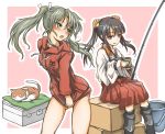  2girls aoki_hagane_no_arpeggio black_hair box brown_eyes bucket cosplay costume_switch cup dog fishing_rod grey_hair hakama_skirt hood hooded_jacket jacket japanese_clothes kantai_collection long_hair mug multiple_girls muneate namesake oku_tamatarou red_eyes twintails undersized_clothes zuikaku_(aoki_hagane_no_arpeggio) zuikaku_(kantai_collection) 