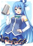  1girl :d aqua_(konosuba) bangs bare_shoulders blue_eyes blue_hair blush cowboy_shot detached_sleeves hair_between_eyes highres kono_subarashii_sekai_ni_shukufuku_wo! long_hair looking_at_viewer nakamura_sumikage open_mouth smile solo standing tareme thigh-highs thigh_gap very_long_hair white_legwear zettai_ryouiki 