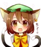  :d animal_ears arms_behind_back brown_eyes brown_hair cat_ears cat_tail chen earrings hat jewelry looking_at_viewer mob_cap multiple_tails nekomata open_mouth ruhika single_earring smile tail touhou 