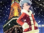  1girl araragi_yuuichi blue_hair brown_eyes hat idolmaster kisaragi_chihaya long_hair looking_at_viewer snowing solo tokyo_tower 