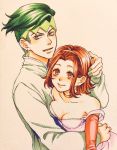  1boy 1girl arm_warmers breast_press breasts brown_eyes brown_hair choker cleavage dress earrings green_eyes green_hair green_nails hairband headband hug jewelry jojo_no_kimyou_na_bouken kishibe_rohan nail_polish pink_dress rin2010 smile strap_slip sugimoto_reimi traditional_media watercolor_(medium) 