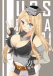  1girl blonde_hair blue_eyes breasts capoki detached_sleeves fingerless_gloves gloves grin hat iowa_(kantai_collection) kantai_collection large_breasts long_hair smile v 