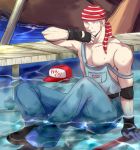  1boy bandana billy_kane black_gloves blonde_hair blue_eyes boots defeat denim fatal_fury fingerless_gloves flag flag_print gloves hat jeans male_focus muscle pants short_hair snk staff terry_bogard the_king_of_fighters water wet wet_clothes yk 