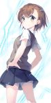  1girl brown_eyes brown_hair commentary_request electricity from_behind hands_on_hips lf looking_at_viewer looking_back misaka_mikoto pleated_skirt school_uniform shorts_under_skirt skirt smile solo spiky_hair sweater_vest to_aru_kagaku_no_railgun to_aru_majutsu_no_index 