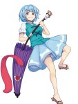  blue_hair geta heterochromia highres juliet_sleeves kakone karakasa_obake long_sleeves puffy_sleeves short_sleeves tatara_kogasa touhou umbrella vest 