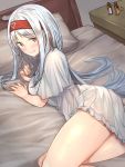  1girl ass babydoll baffu blush brown_eyes commentary_request hairband heart heart-shaped_pupils highres kantai_collection lingerie long_hair looking_at_viewer lying on_side shoukaku_(kantai_collection) silver_hair smile solo symbol-shaped_pupils underwear 