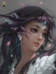  1girl artist_request blue_eyes earrings hair_ornament horn jewelry long_hair looking_away petals purple_hair simple_background smile solo 