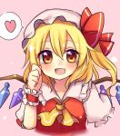  1girl arm_at_side blonde_hair dress flandre_scarlet hair_between_eyes open_mouth pink_background puffy_short_sleeves puffy_sleeves red_dress red_eyes ruhika short_sleeves side_ponytail solo tears touhou wings wrist_cuffs 
