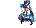 baba_(baba_seimaijo) blue_eyes blue_hair boots food fruit hat highres hinanawi_tenshi keystone long_hair long_skirt neck_ribbon peach puffy_sleeves ribbon short_sleeves skirt touhou transparent_background