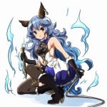  1girl :&lt; animal_ears black_legwear blue_hair blush boots breasts brown_eyes earrings ferry_(granblue_fantasy) gloves granblue_fantasy holding jewelry long_hair looking_at_viewer ragho_no_erika sideboob simple_background sleeveless solo squatting thigh-highs wavy_hair whip white_background 