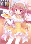 1girl amashiro_natsuki back_bow bow brown_hair cat fang food frills heart high-waist_skirt highres juliet_sleeves long_hair long_sleeves looking_at_viewer maid maid_cafe maid_headdress moe2016 omurice open_mouth original pink_eyes plate puffy_sleeves shirt skirt smile solo stuffed_animal stuffed_cat stuffed_toy teddy_bear thigh-highs two_side_up very_long_hair virgin_killer_outfit white_legwear wine_bottle zettai_ryouiki