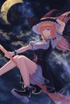  1girl blonde_hair blue_eyes braid broom broom_riding clouds cloudy_sky crescent_moon grin hand_on_headwear hat highres kirisame_marisa long_hair moon night night_sky red-d single_braid sky smile solo touhou witch_hat wrist_cuffs 