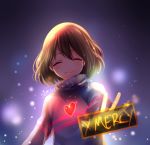 androgynous artist_name brown_hair closed_eyes frisk_(undertale) gameplay_mechanics glowing heart highres sasucchi95 smile solo striped striped_sweater sweater tagme undertale upper_body 