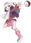  1girl abe_kanari ankle_boots beanie blue_eyes blue_hair boots coat colored_eyelashes hat hikari_(pokemon) kneehighs leg_up long_hair long_sleeves looking_at_viewer looking_back open_mouth panties pink_boots pink_skirt poke_ball poke_ball_print pokemon pokemon_(game) pokemon_dppt polka_dot polka_dot_panties red_coat scarf shoe_soles sidelocks skirt throwing_poke_ball tooth underwear white_hat white_legwear white_panties white_scarf 