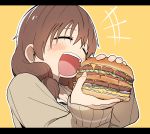 +++ 1girl absurdres blush brown_hair closed_eyes commentary_request copyright_request drooling eating food hamburger highres holding holding_food korean_commentary letterboxed luke_(dydansgur) open_mouth solo 