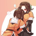  2girls against_wall back between_breasts black_skirt blush breasts brown_eyes brown_hair elbow_gloves gloves hair_intakes hair_ribbon half-closed_eyes half_updo head_between_breasts head_on_chest jintsuu_(kantai_collection) kantai_collection large_breasts long_hair multiple_girls nagihashi_koko ribbon school_uniform sendai_(kantai_collection) serafuku short_hair short_sleeves skirt two_side_up yuri 