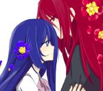  2girls arm_grab blue_eyes blue_hair character_request commentary_request copyright_request flower hair_flower hair_ornament multiple_girls ppptoka red_eyes redhead 