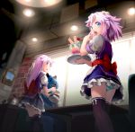  2girls alternate_costume apron bangs black_legwear bow ceiling ceiling_light cocktail_umbrella cup dogoo dress eating food frilled_apron frilled_dress frills from_below hair_ornament highres holding_tray ice_cream indoors long_hair looking_at_another looking_at_viewer looking_back multiple_girls nepgear neptune_(choujigen_game_neptune) neptune_(series) panties parted_lips picture_(object) picture_frame pouring purple_dress purple_hair restaurant sash segamark shirt short_dress short_hair short_sleeves sleeveless sleeveless_dress smile striped striped_panties sundae sweatdrop table teacup teapot thigh-highs tray underwear uniform violet_eyes wafer white_shirt window 