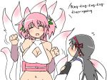  2girls akemi_homura animal_ears bare_shoulders black_hair blush bow breasts cleavage cleavage_cutout closed_eyes detached_sleeves flying_sweatdrops fox_ears fox_tail goddess_madoka hair_bow hairband hakama japanese_clothes kaname_madoka large_breasts long_hair mahou_shoujo_madoka_magica midriff miko multiple_girls multiple_tails oman_(evld) paw_pose pink_hair smile tail twintails two_side_up 