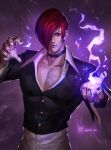  1boy choker crop_top cropped_jacket fire hair_over_one_eye highres looking_at_viewer male_focus purple_fire red_eyes redhead short_hair skirt snk solo the_king_of_fighters xiaoguimist yagami_iori 