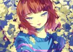  androgynous brown_hair close-up eyebrows eyebrows_visible_through_hair flower frisk_(undertale) half-closed_eyes highres ottmi parted_lips petals solo striped striped_sweater sweater tagme undertale yellow_eyes 