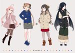  1girl adjusting_glasses ahoge akigumo_(kantai_collection) alternate_costume black_hair blonde_hair boots brown_eyes brown_hair casual coat double_bun fringe full_body glasses green_eyes grey_background hair_over_one_eye hands_in_pockets hayashimo_(kantai_collection) hood hoodie jacket kantai_collection knee_boots leather_boots long_hair makigumo_(kantai_collection) multicolored_hair naganami_(kantai_collection) ojipon pantyhose pink_hair ponytail scarf skirt smile sweater thigh-highs twintails very_long_hair yellow_eyes 