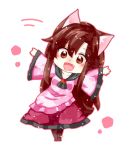  1girl animal_ears blush brooch brown_hair chibi collarbone dress fang highres imaizumi_kagerou jewelry kuroshiroduet long_sleeves looking_at_viewer open_mouth red_eyes simple_background solo tail touhou white_background wide_sleeves wolf_ears wolf_tail 