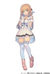  1girl aqua_eyes artist_request boots braid copyright_request dress french_braid hands_together high_heel_boots high_heels highres lace lace-trimmed_thighhighs light_brown_hair long_hair solo standing_on_one_leg thigh-highs white_dress white_legwear wrist_cuffs 