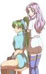  2girls blush fingerless_gloves fire_emblem fire_emblem:_rekka_no_ken florina gloves green_eyes green_hair long_hair lyndis_(fire_emblem) multiple_girls pegasus_knight ponytail purple_hair rere_(yusuke) thigh-highs 